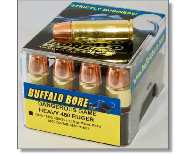 Buffalo Bore Dangerous Game 480 Ruger Ammo 330 Grain Lehigh Match Solid Flat Nose Lead Free