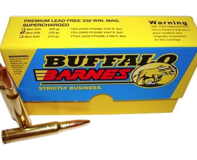 Buffalo Bore Supercharged 338 Winchester Magnum Ammo 225 Grain Barnes TSX Solid Hollow Point Lead Free