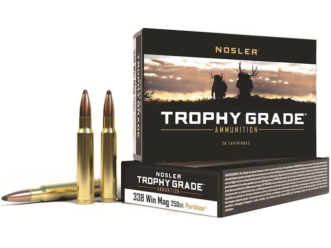 Nosler Trophy Grade 338 Winchester Magnum Ammo 250 Grain Nosler Partition Jacketed Soft Point