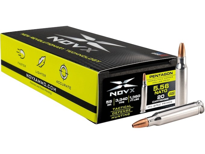 NovX Pentagon 5.56x45mm NATO Ammo 55 Grain Solid Hollow Point Lead Free