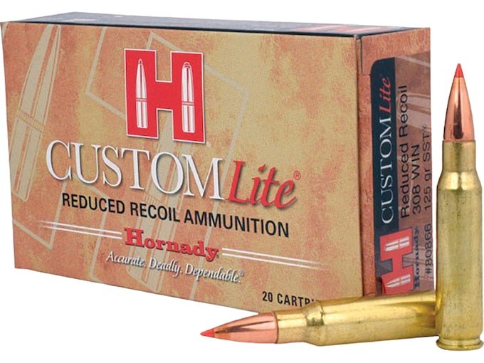 Hornady Custom Lite 308 Winchester Ammo 125 Grain Hornady SST (Super Shock Tip) Polymer Tip Box of 500