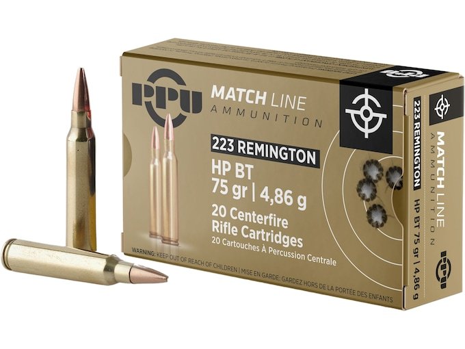 PPU Match 223 Remington Ammo 75 Grain Jacketed Hollow Point Box of 500