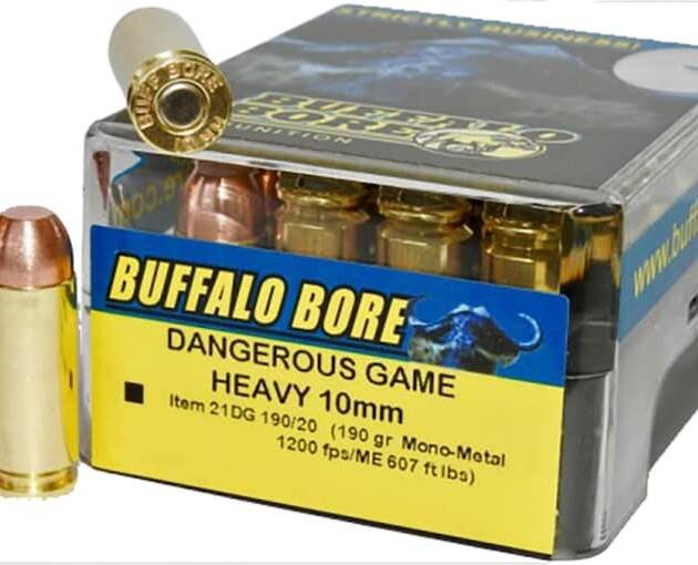 Buffalo Bore Dangerous Game 10mm Auto Ammo 190 Grain Lehigh Solid Wide Flat Nose Lead Free