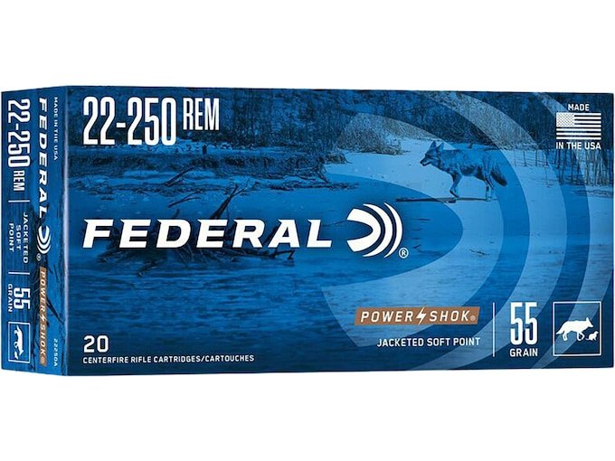 Federal Power-Shok 22-250 Remington Ammo 55 Grain Jacketed Soft Point