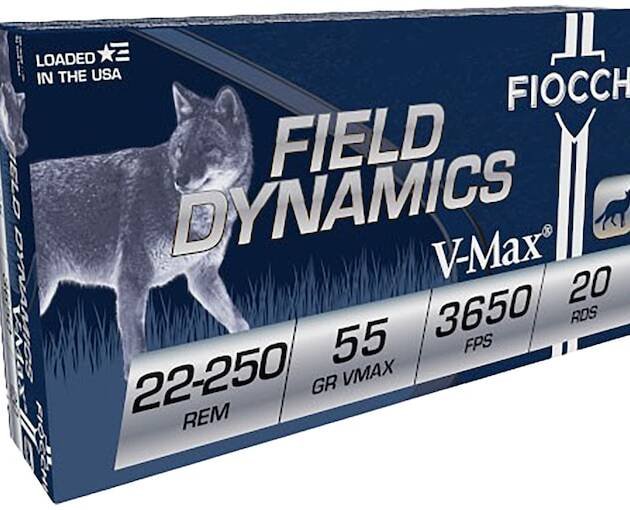 Fiocchi Field Dynamics 22-250 Remington Ammo 55 Grain Hornady V-Max Polymer Tip