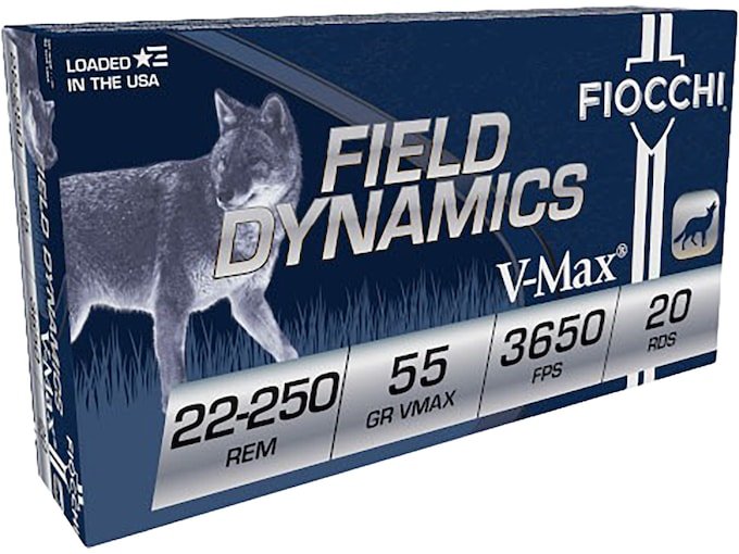 Fiocchi Field Dynamics 22-250 Remington Ammo 55 Grain Hornady V-Max Polymer Tip