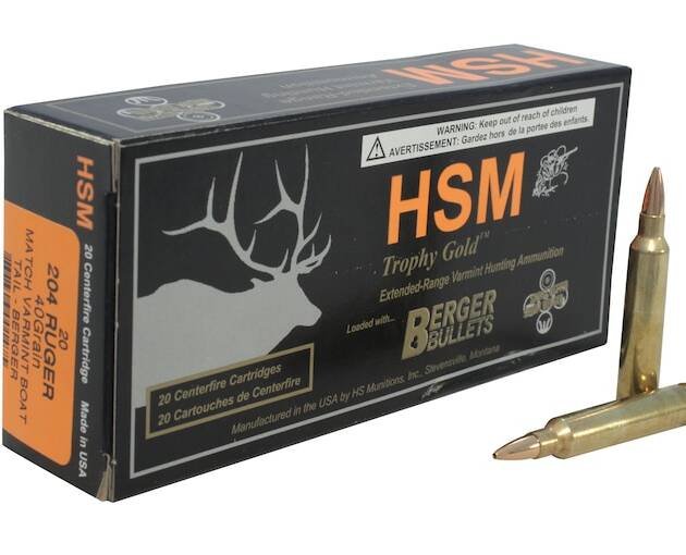 HSM Varmint Gold 204 Ruger Ammo 40 Grain Berger Varmint Jacketed Hollow Point