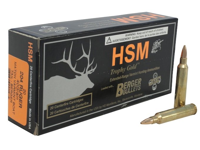 HSM Varmint Gold 204 Ruger Ammo 40 Grain Berger Varmint Jacketed Hollow Point