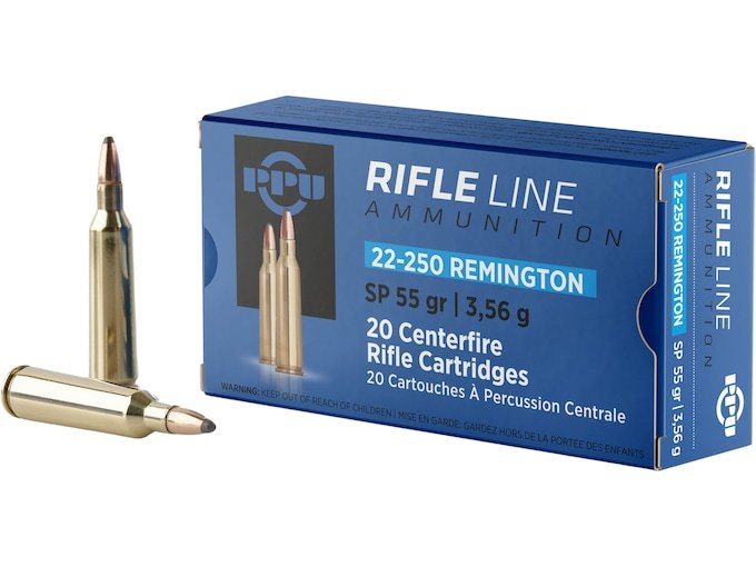 PPU 22-250 Remington Ammo 55 Grain Jacketed Soft Point