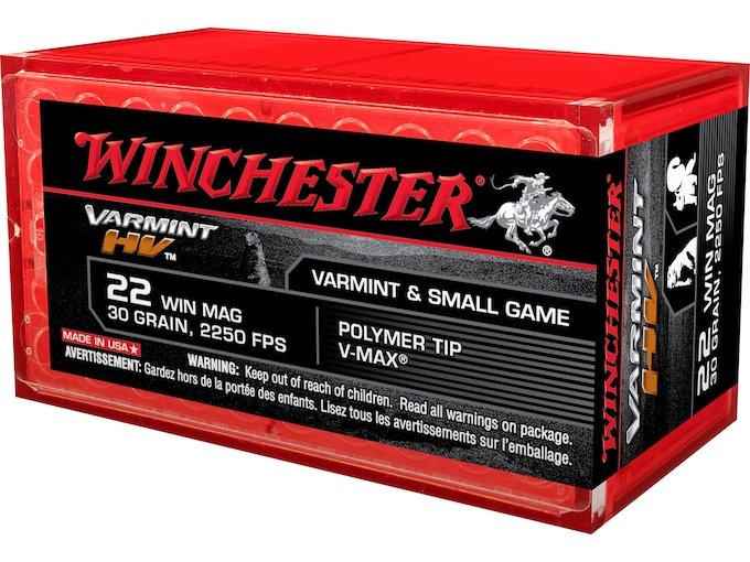 Winchester Varmint High Velocity 22 Winchester Magnum Rimfire (WMR) Ammo 30 Grain Hornady V-Max Polymer Tip